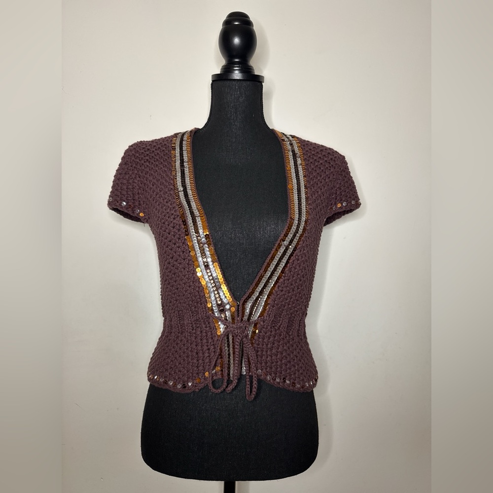 Y2K Bebe Brown Sequin Knit Tie Front Cardigan – Size M